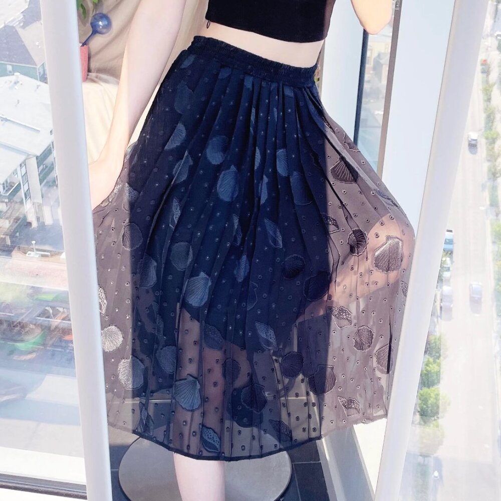 Black shell sheer pleated midi skirt (25''~29'')